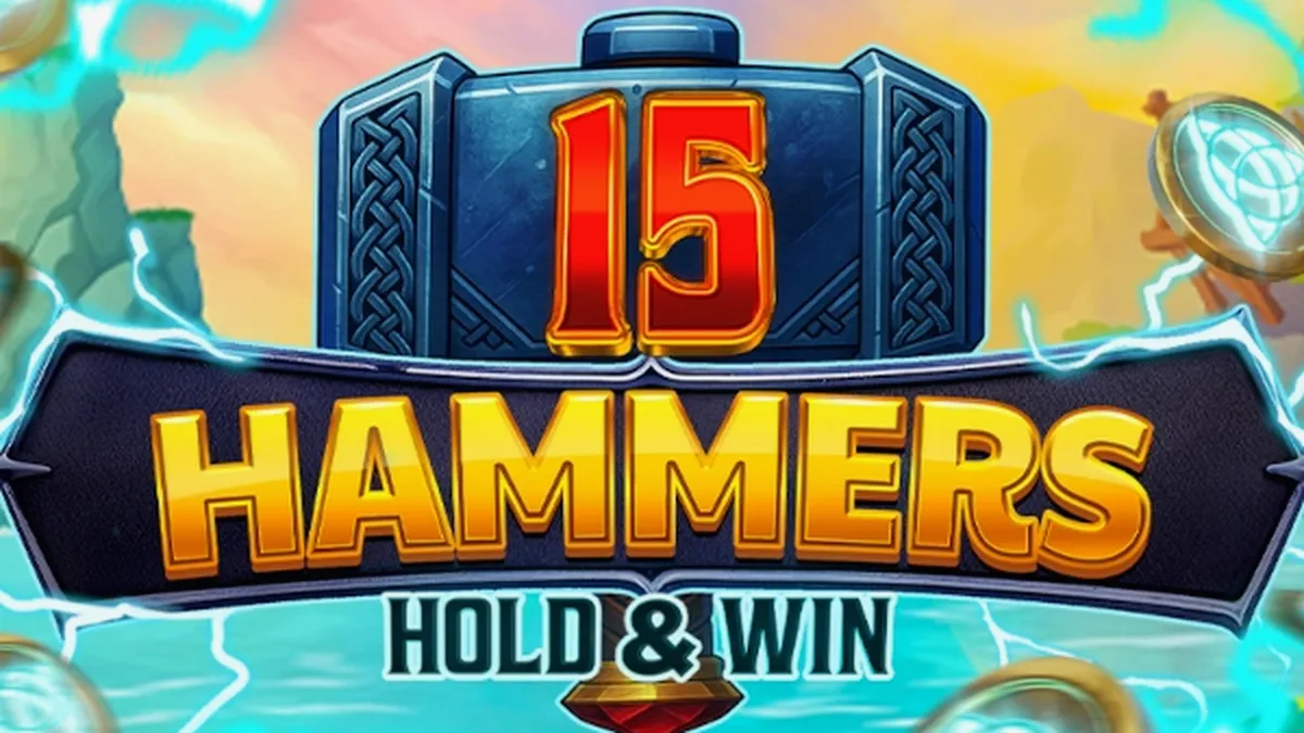 Interface do jogo 15 Hammers: Hold & Win com elementos visuais de martelos e símbolos temáticos.
