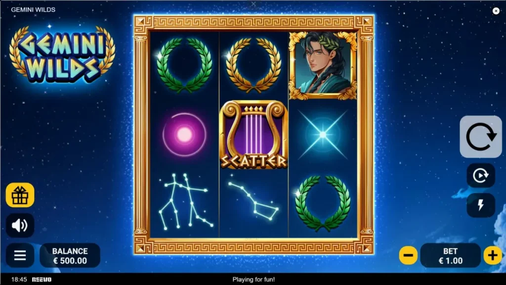 Interface do jogo de slot Gemini Wilds com tema de mitologia grega