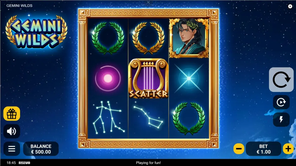 Interface do jogo de slot Gemini Wilds com tema de mitologia grega