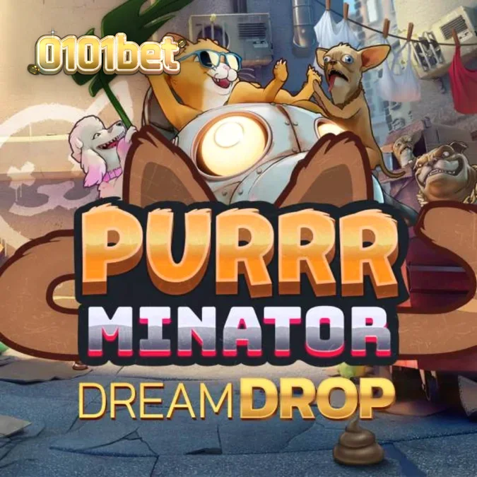 Cena de jogo do slot Purrrminator Dream Drop com temática distópica e neon